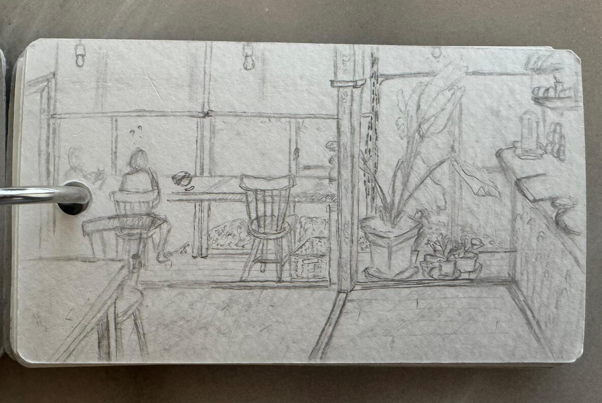 cafe visit: interior, bare bones sketch in mini sketchbook, pencil, not dated/one sitting