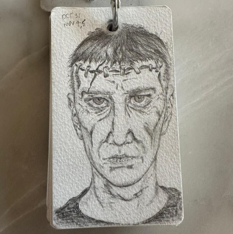 Frankenstein makeup portrait study, mini sketchbook, pencil, dated oct 31, nov 4, nov 5