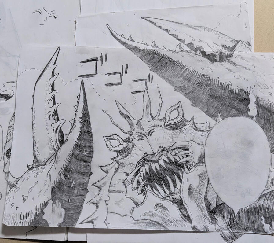 crab kaiju from kaijuu no. 8, sketch on 2 printer papers (pencil)