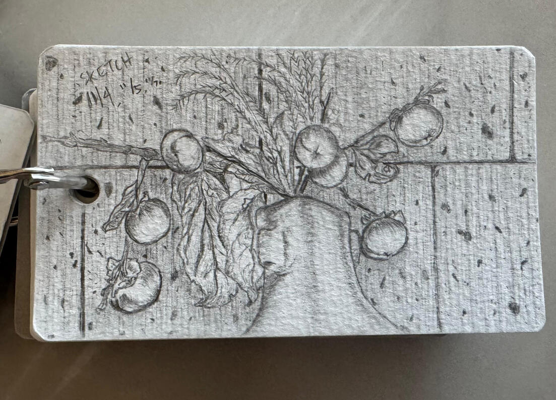 School entrance: persimmons in a vase, mini sketchbook, pencil, sketch dated 11/4, 11/5, 11/7