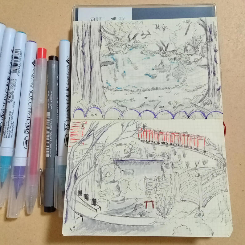 on-site landscapes on grid paper, small notebook, sketches using pen, then inked with some brushes & pens (WIP) on-site landscapes on grid paper, small notebook, sketches using pen, then inked with some brushes & pens (WIP)