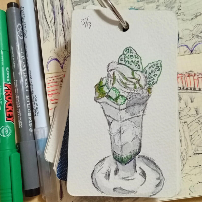 matcha parfait on sketchbook paper (mini-ring sized), pen sketch later inked with brushes, a green highlighter, and green prockey marker